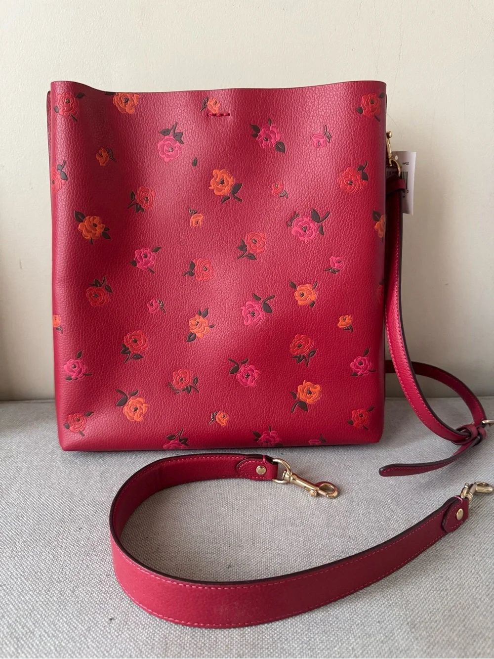 Coach Red Apple Multi- Peony Flower Bucket Handbag Purse